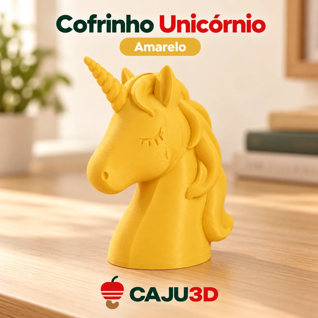 Cofrinho Busto de Unicórnio com Crina em Relevo: foto na cor Amarelo (foto ilustrativa criada com IA)