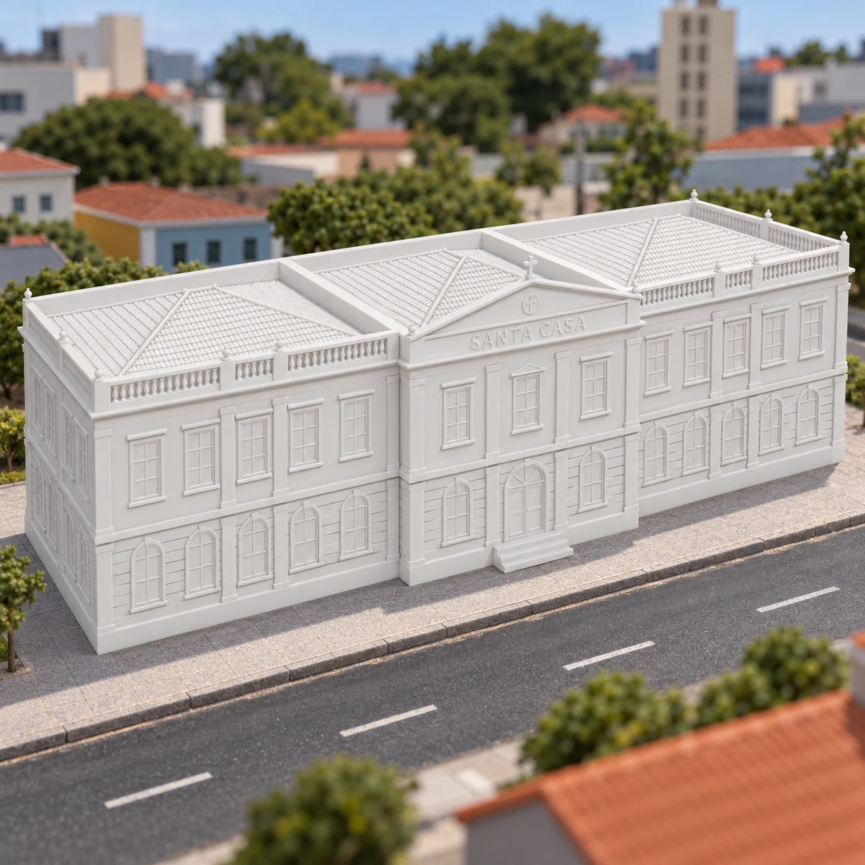Santa Casa de Misericórdia em PLA branco, num diorama