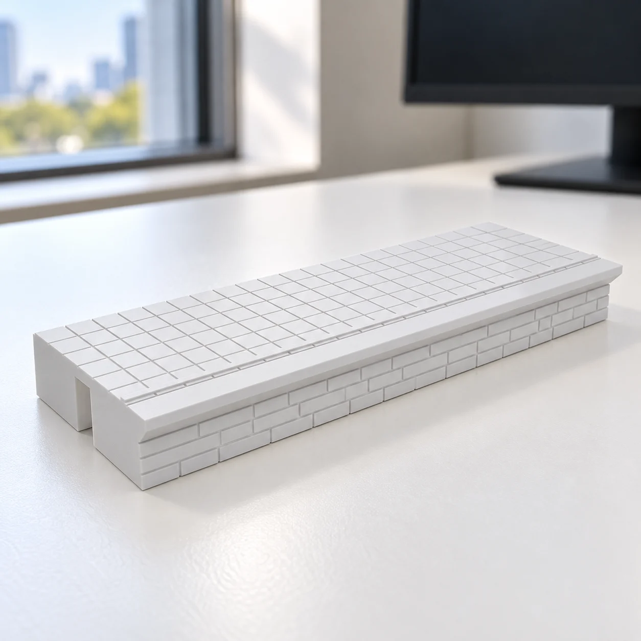 Plataforma de embarque modular (reta) em PLA branco, sobre a mesa