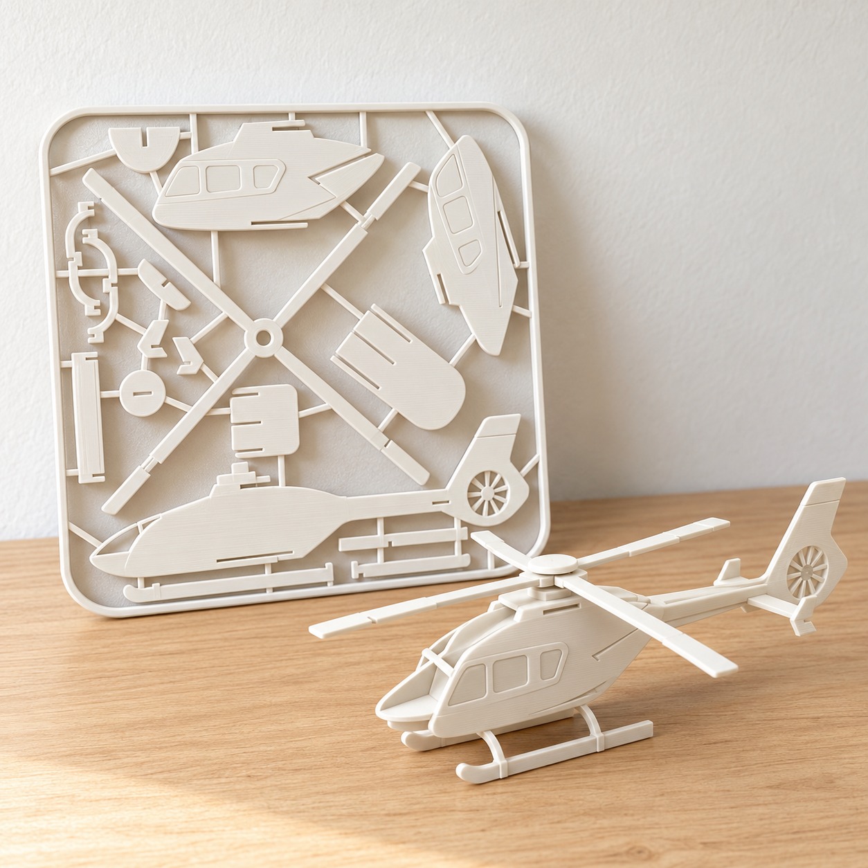 Kit de montar helicóptero em cartela, sem cola na cor Branco, foto principal (foto ilustrativa criada com IA)