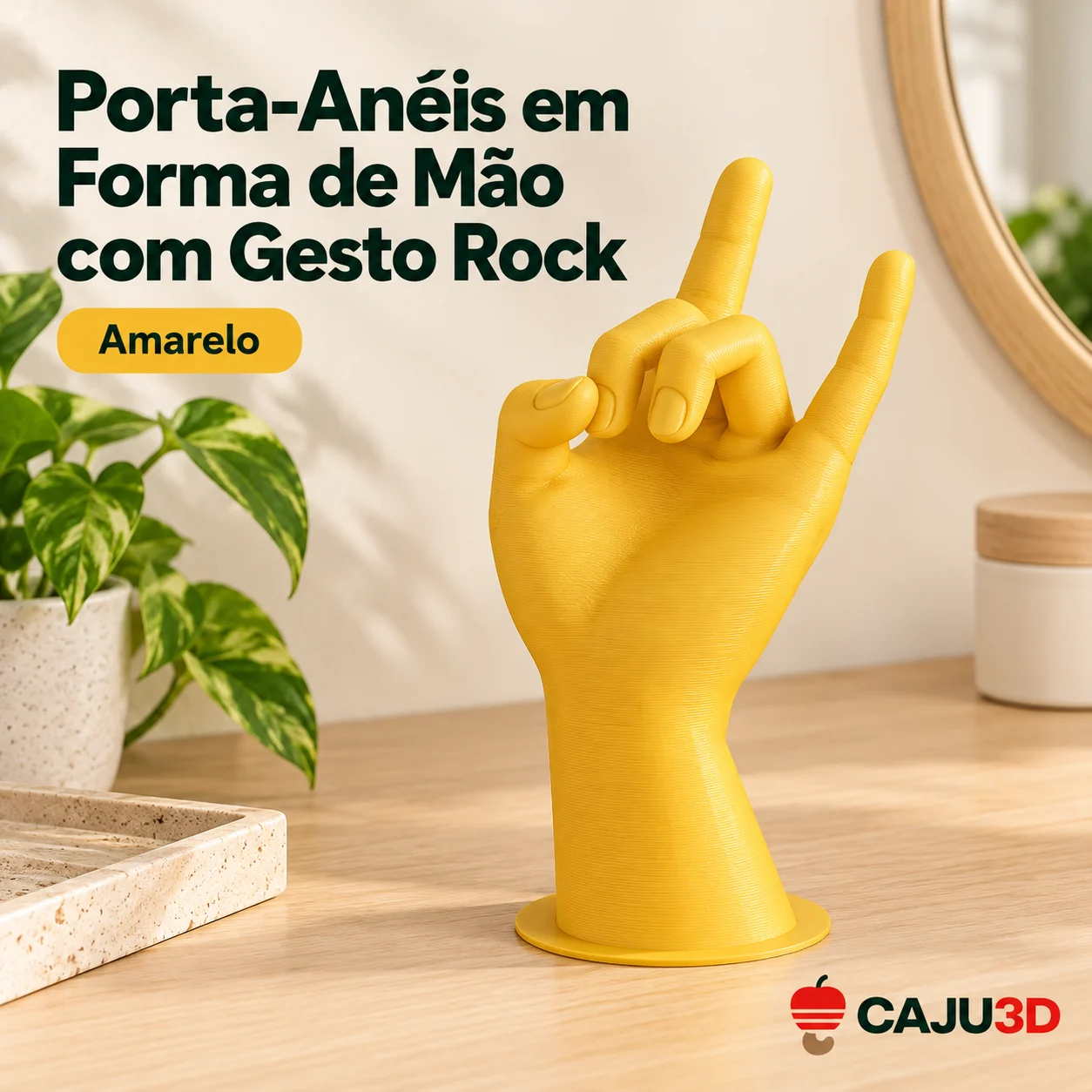 Porta-Anéis em Forma de Mão com Gesto Rock: foto na cor Amarelo (foto ilustrativa criada com IA)