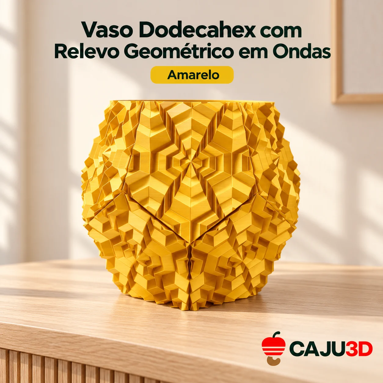 Vaso Dodecahex com Relevo Geométrico em Ondas: foto na cor Amarelo (foto ilustrativa criada com IA)