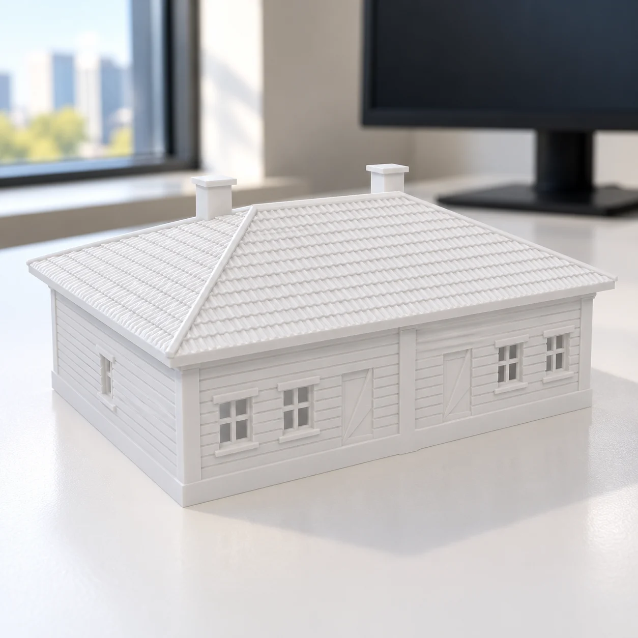 Casas geminadas de vila ferroviária em PLA branco, sobre a mesa