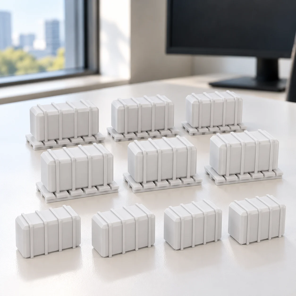 Fardos de algodão e paletes em PLA branco, sobre a mesa
