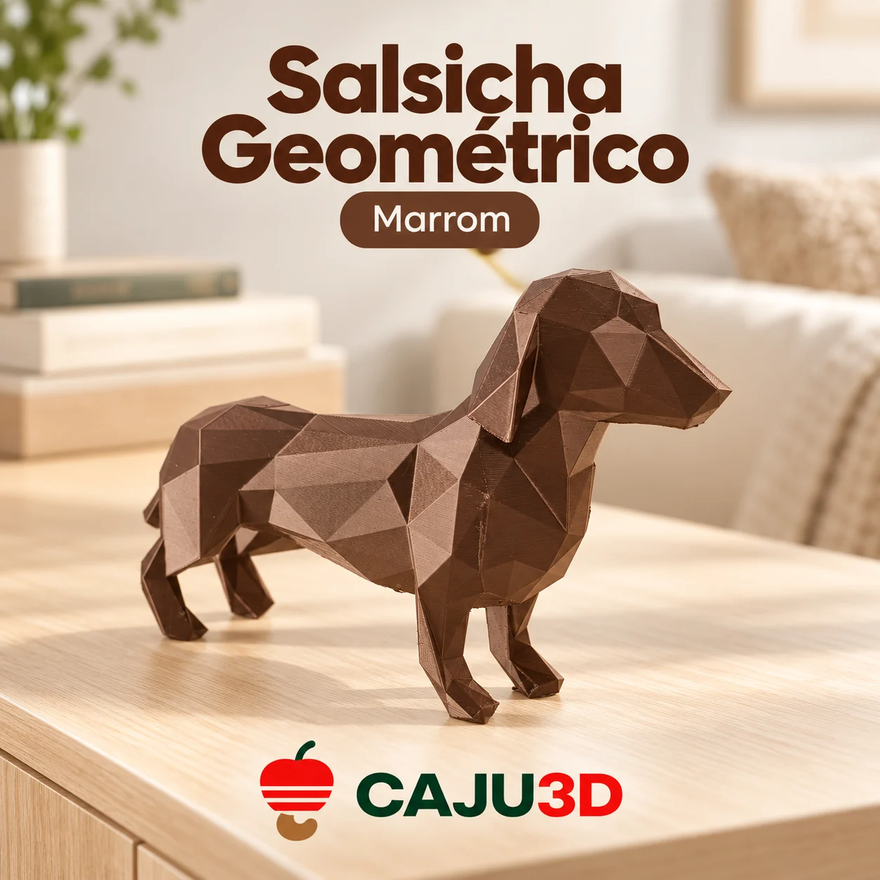 Escultura de Cachorro Salsicha com Faces Geométricas: foto na cor Marrom (foto ilustrativa criada com IA)