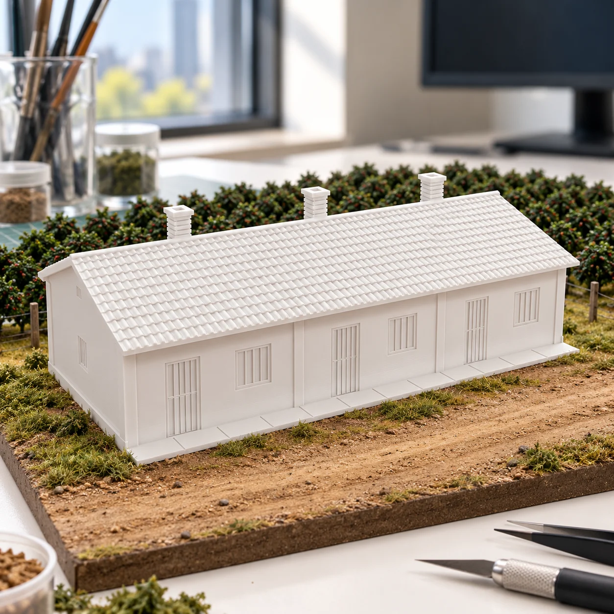 Casas de colonos em PLA branco, num diorama