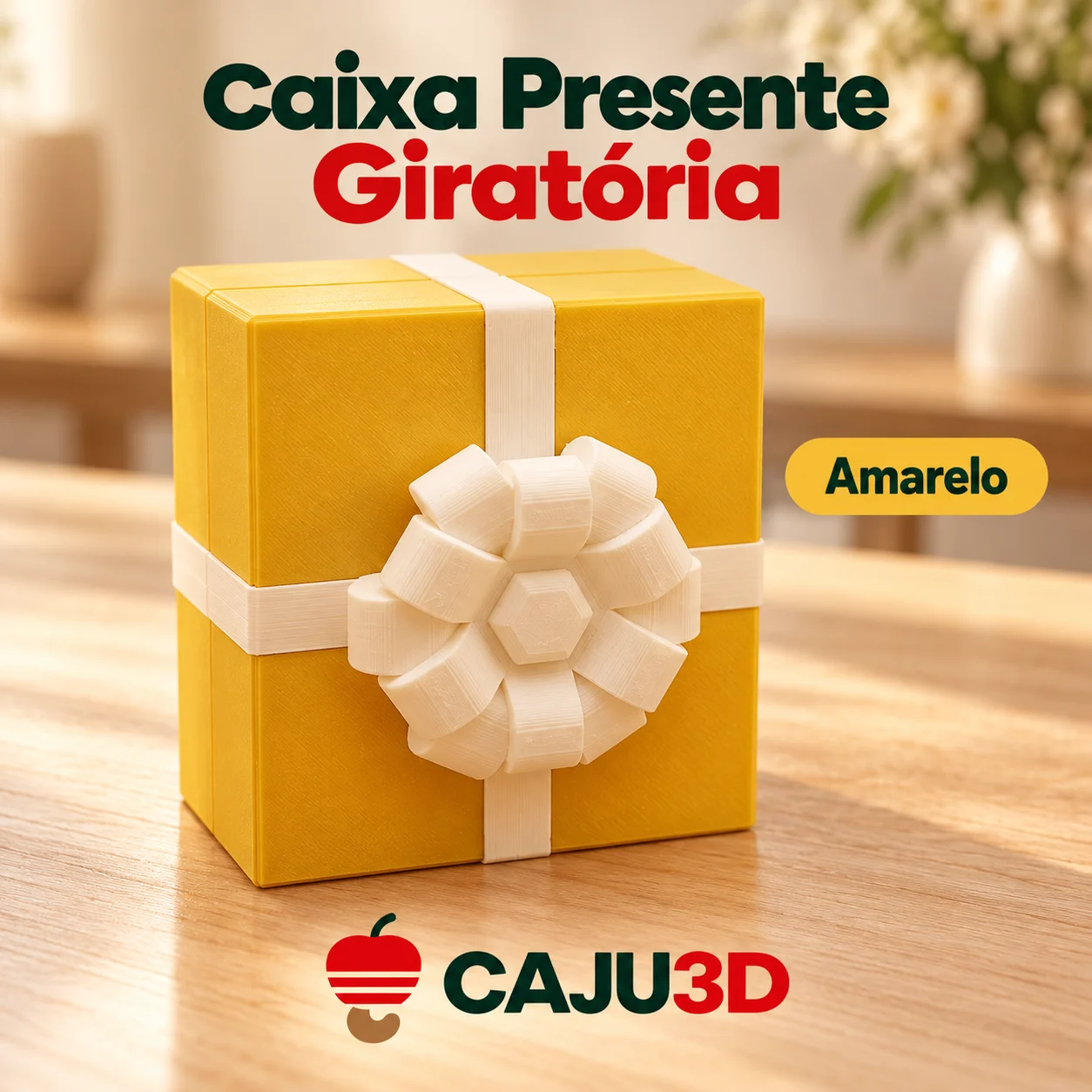 Caixa de Presente com Laço e Trava de Giro: foto na cor Amarelo (foto ilustrativa criada com IA)