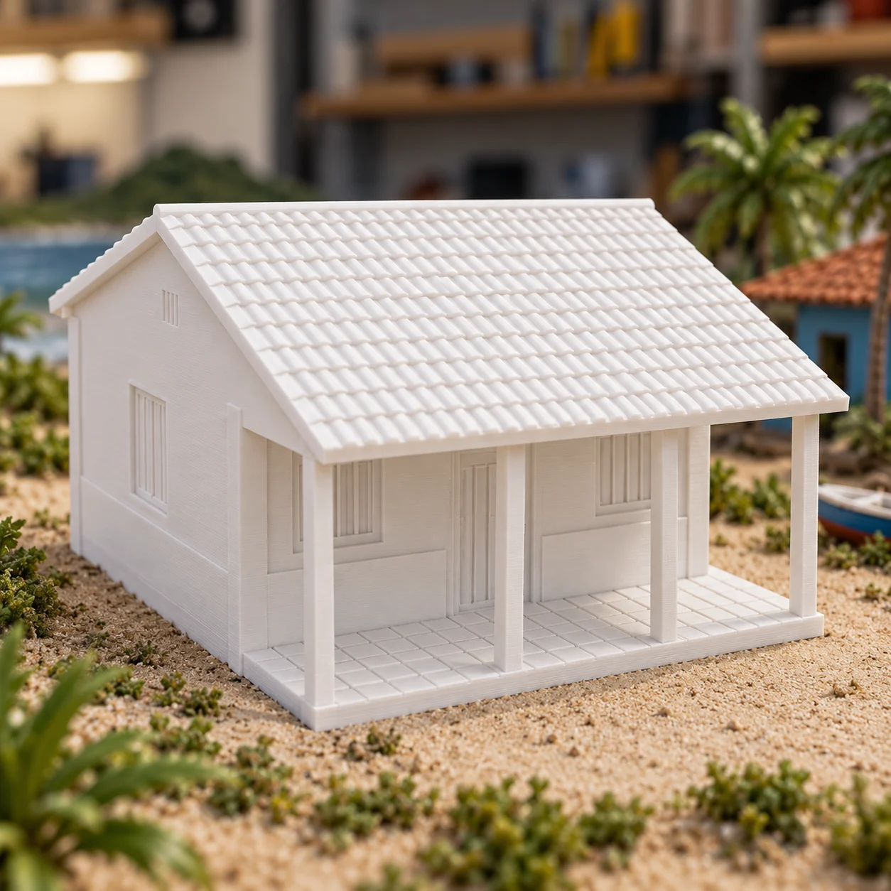 Casa caiçara de pescador em PLA branco, num diorama