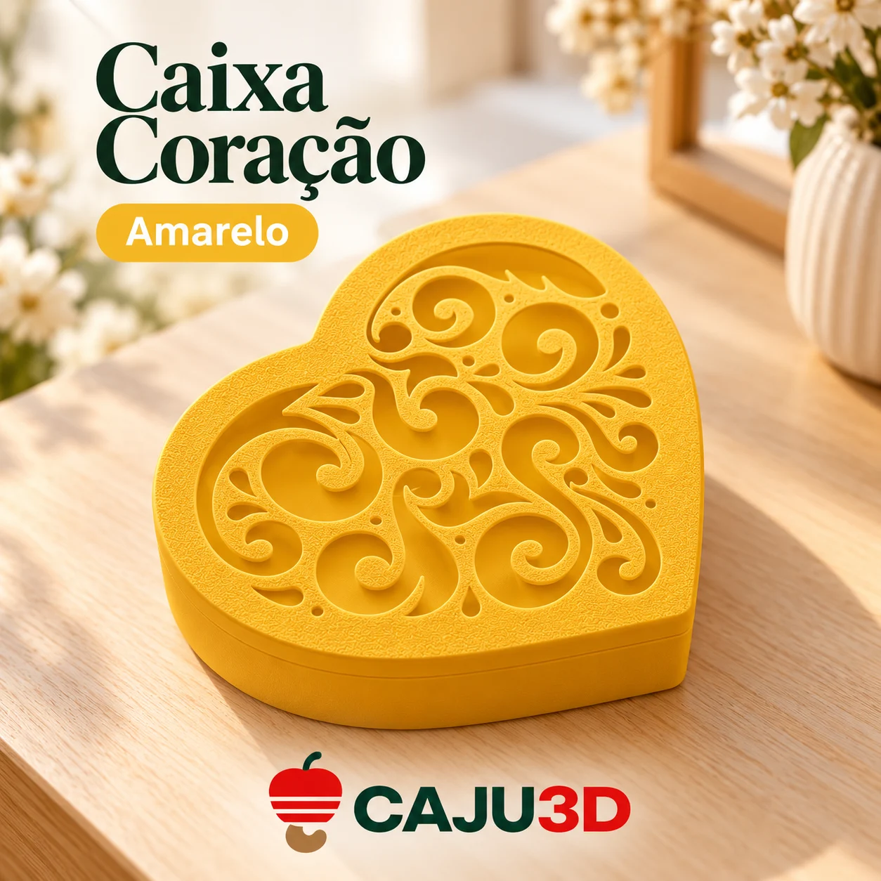Caixa Coração com Tampa de Arabescos Vazados: foto na cor Amarelo (foto ilustrativa criada com IA)