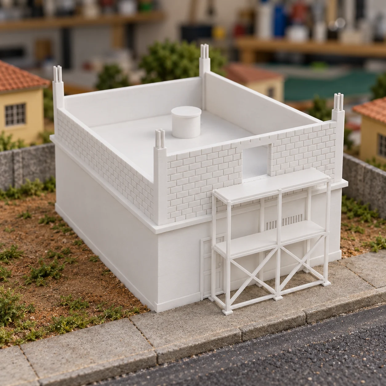 Casa em construção (puxadinho) em PLA branco, num diorama