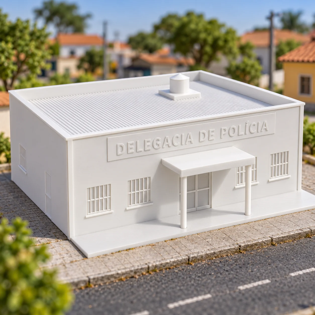 Delegacia de polícia em PLA branco, num diorama