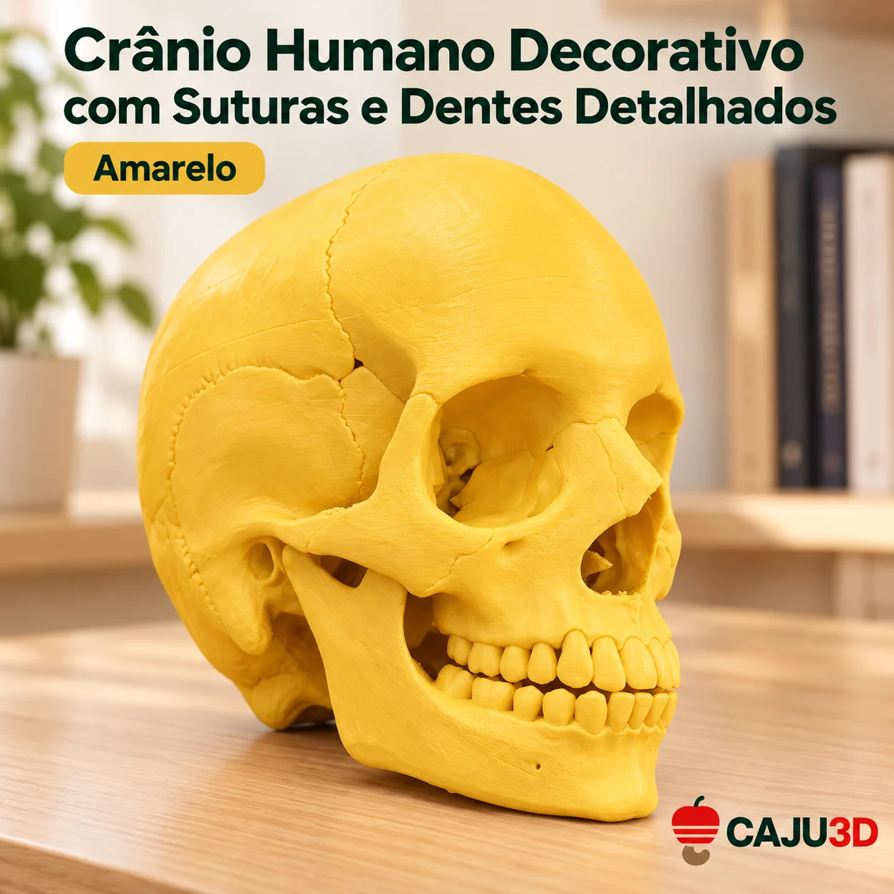 Crânio Humano Decorativo com Suturas e Dentes Detalhados: foto na cor Amarelo (foto ilustrativa criada com IA)