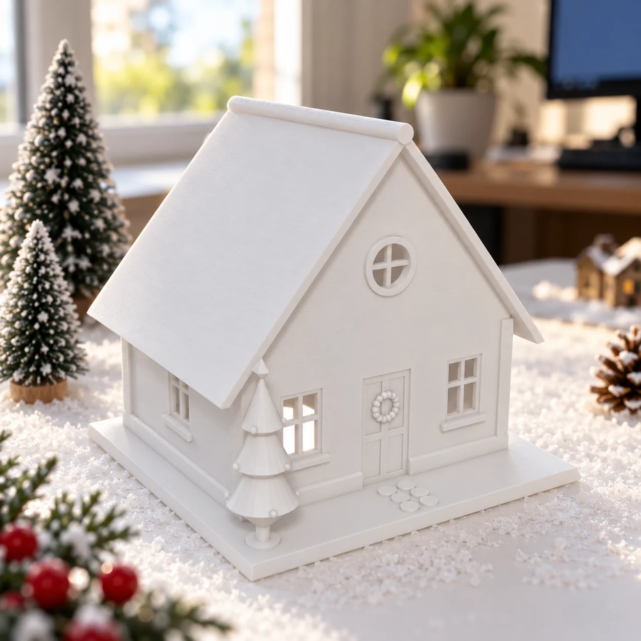Casinhas de Natal (vila iluminada) em PLA branco, num diorama