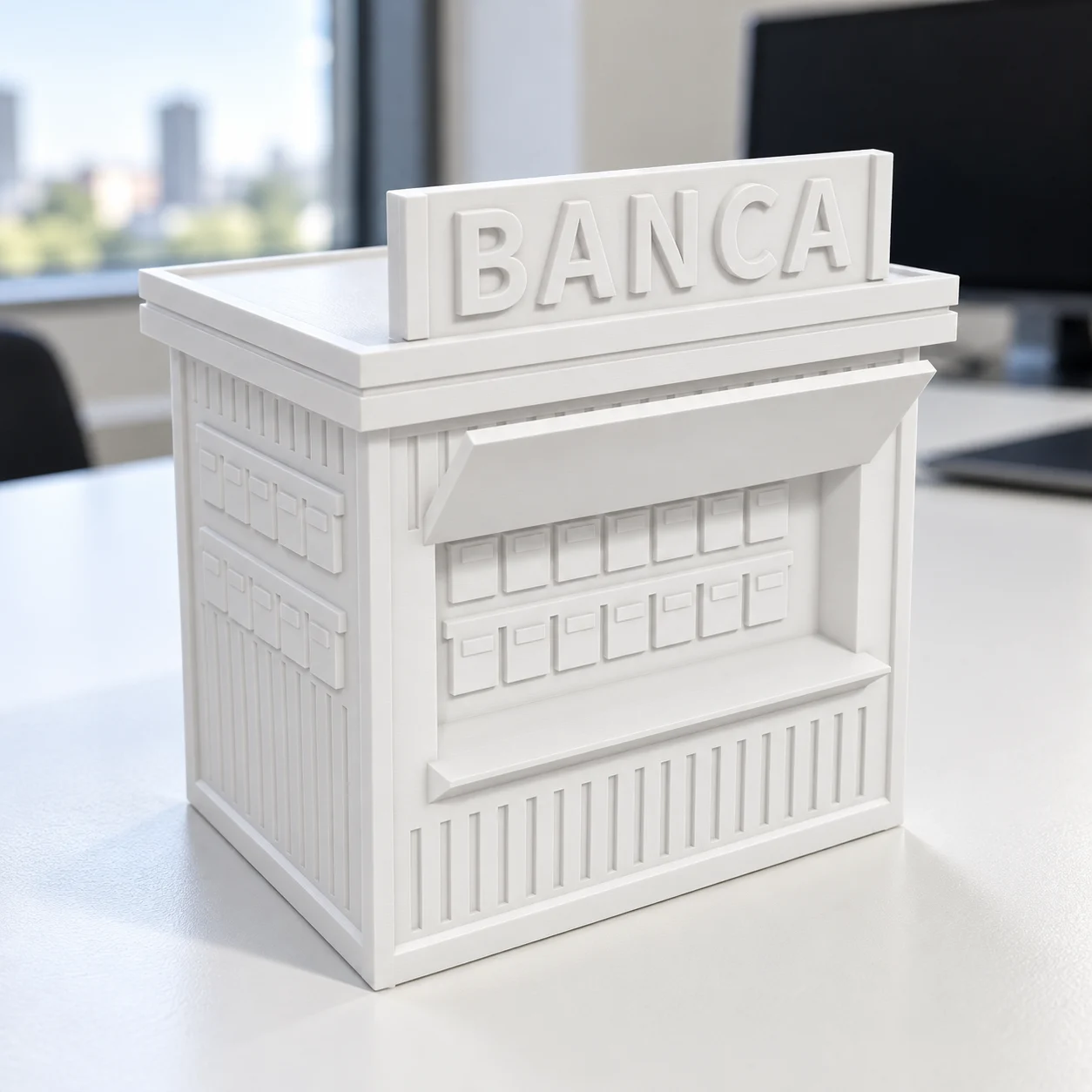 Banca de jornal em PLA branco, sobre a mesa