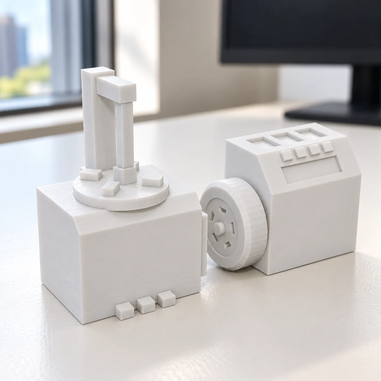 Desmontadora e balanceadora de pneus em PLA branco, sobre a mesa