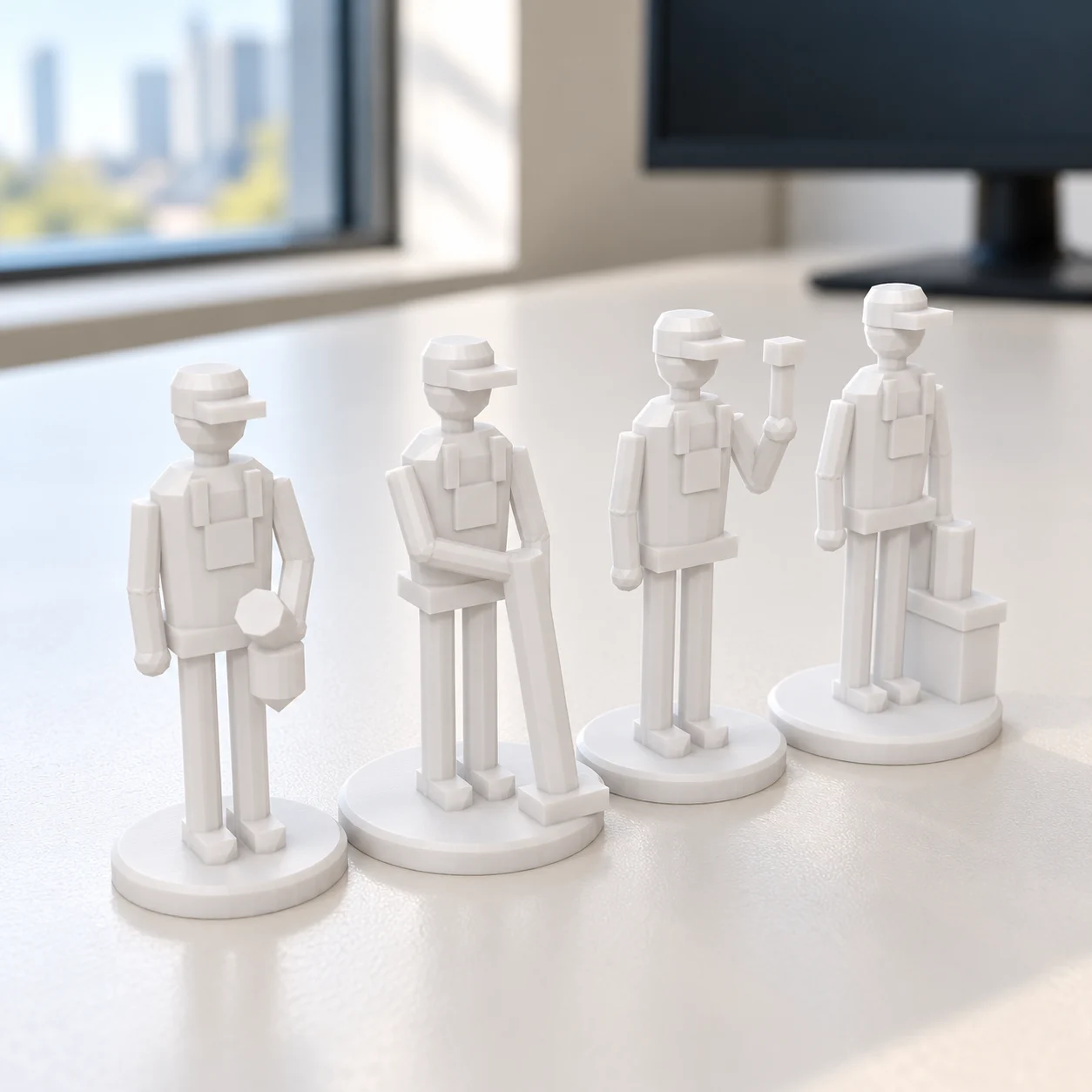 Maquinista, foguista e mecânicos (figuras) em PLA branco, sobre a mesa