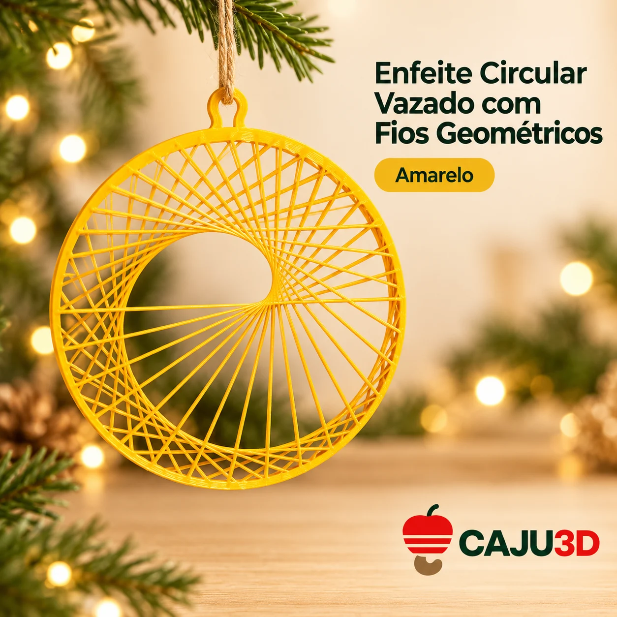 Enfeite Circular Vazado com Fios Geométricos: foto na cor Amarelo (foto ilustrativa criada com IA)