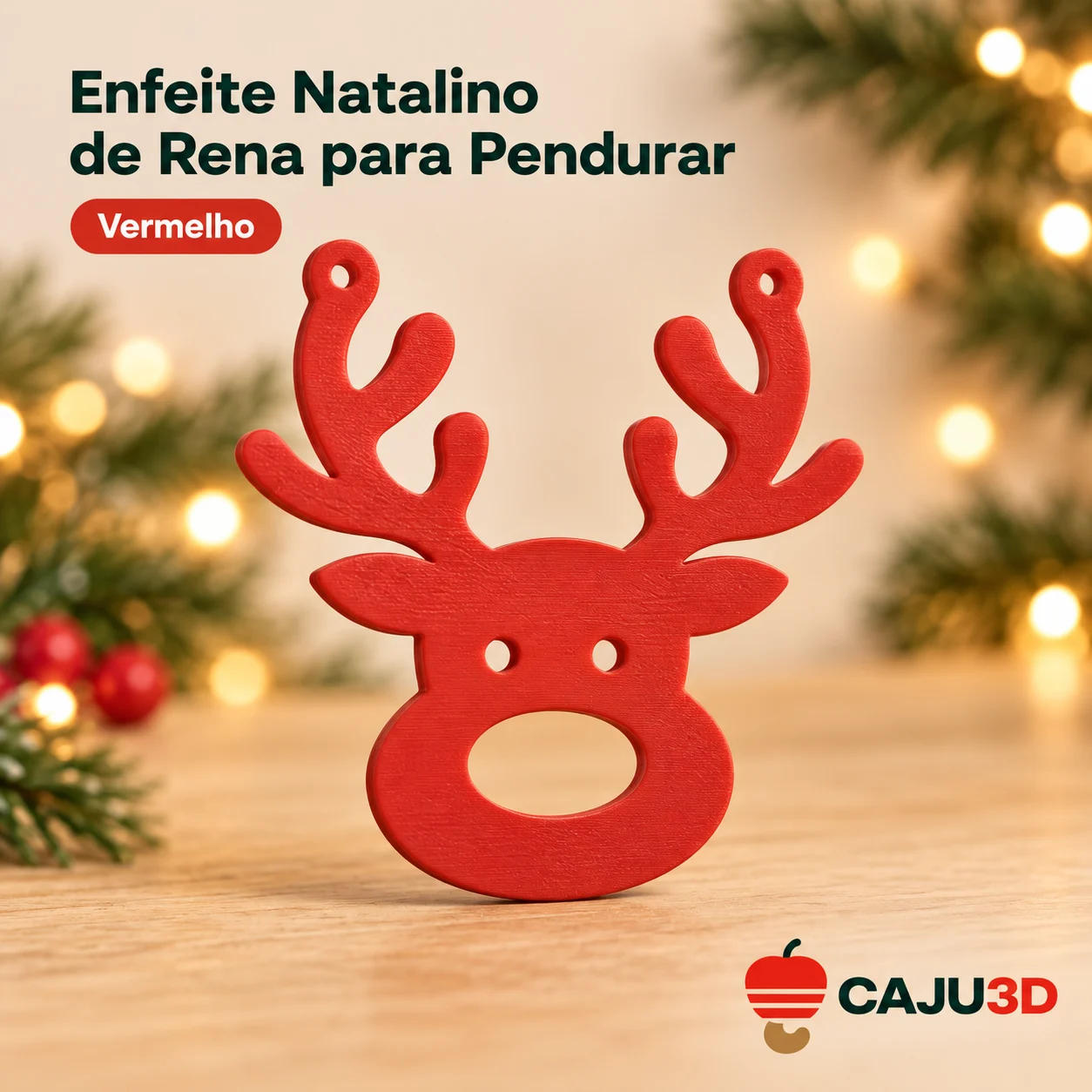 Enfeite Natalino de Rena para Pendurar: foto na cor Vermelho (foto ilustrativa criada com IA)