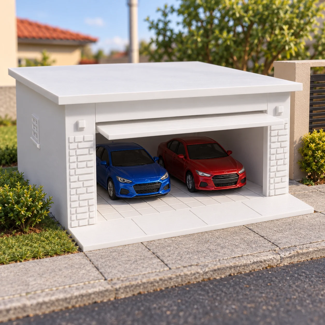 Garagem residencial com portão basculante em PLA branco, num diorama