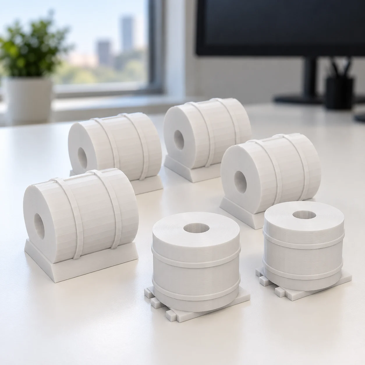 Carga: bobinas de aço (pack) em PLA branco, sobre a mesa