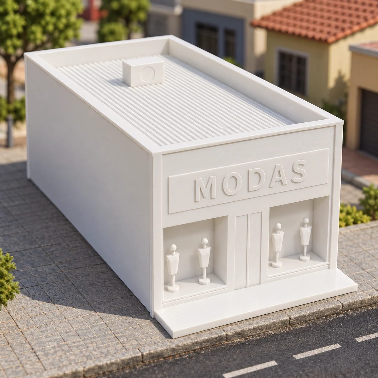 Loja de roupas com vitrine em PLA branco, num diorama