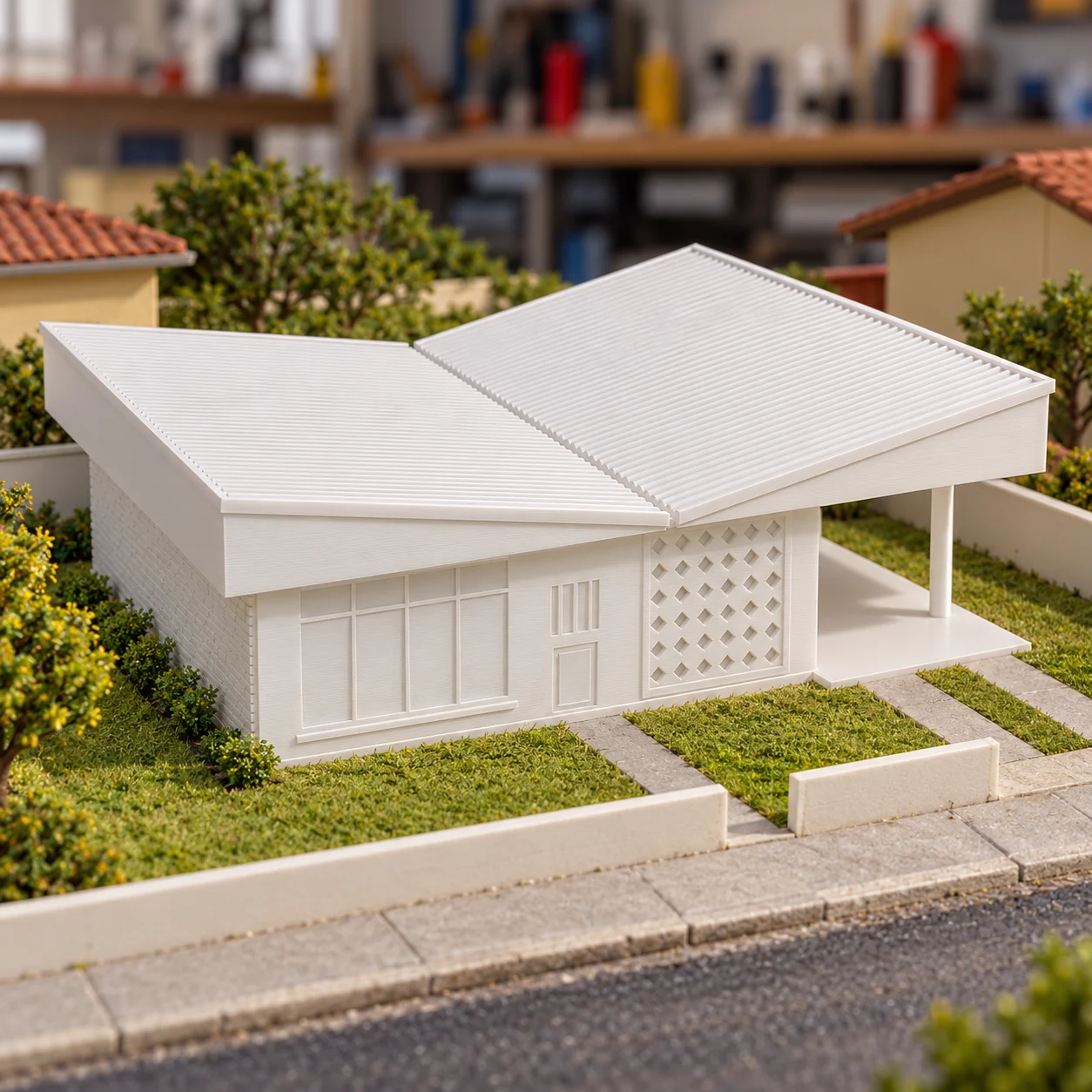 Casa modernista anos 50 em PLA branco, num diorama