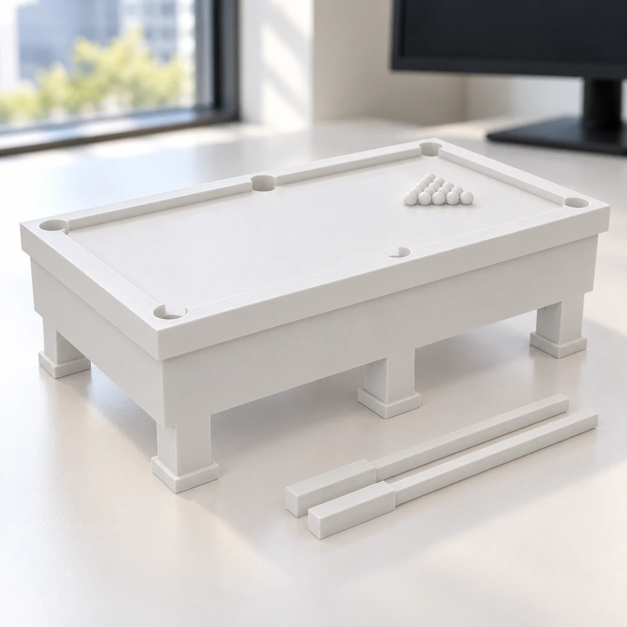 Mesa de sinuca em PLA branco, sobre a mesa