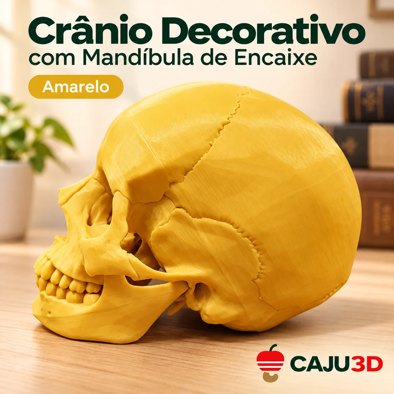 Crânio Decorativo com Mandíbula de Encaixe: foto na cor Amarelo (foto ilustrativa criada com IA)