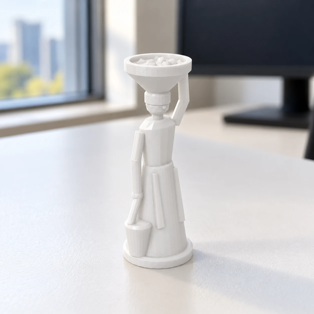 Vendedora de quitutes na plataforma (figura) em PLA branco, sobre a mesa