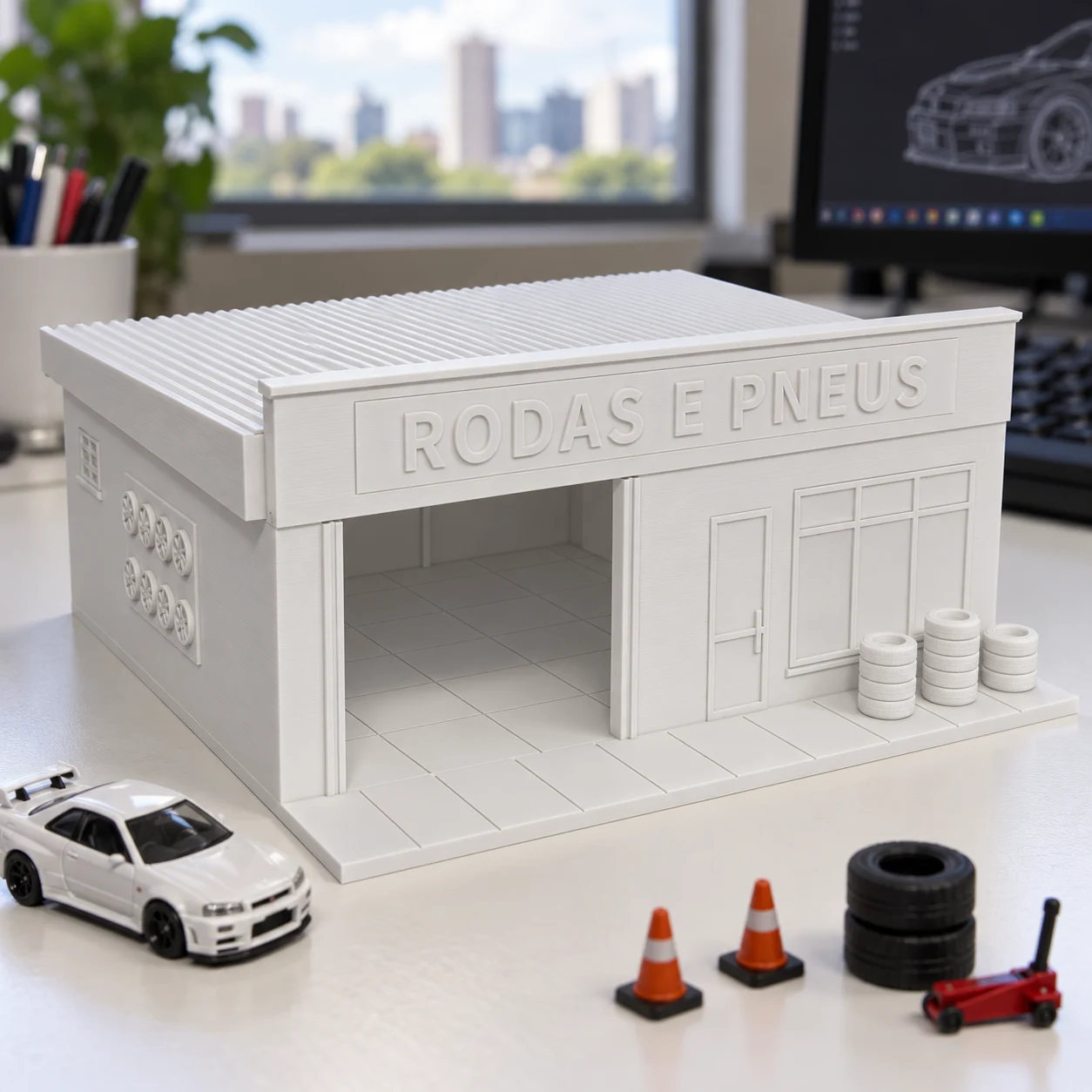 Loja de rodas e pneus em PLA branco, num diorama