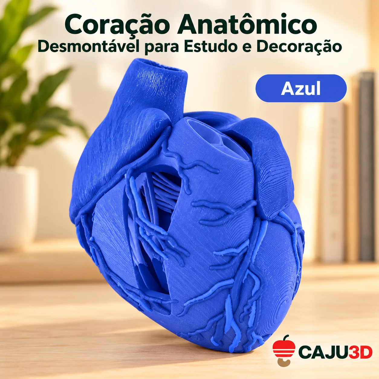 Coração Anatômico Desmontável para Estudo e Decoração: foto na cor Azul (foto ilustrativa criada com IA)
