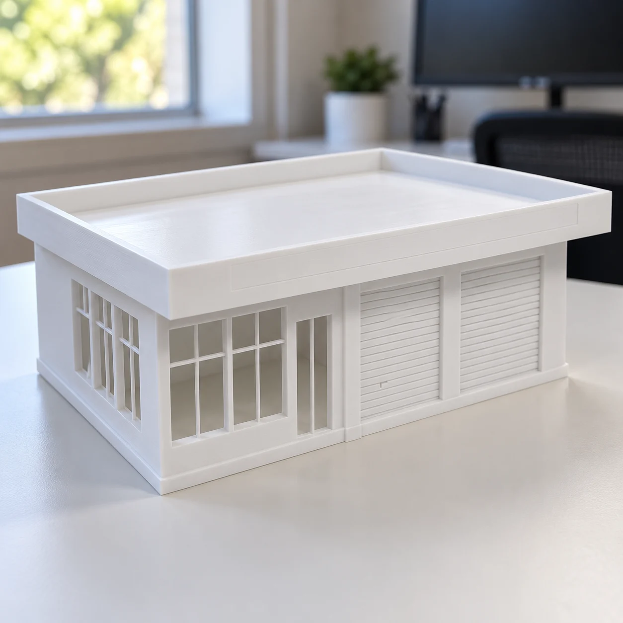 Prédio do posto com escritório e lubrificação em PLA branco, sobre a mesa