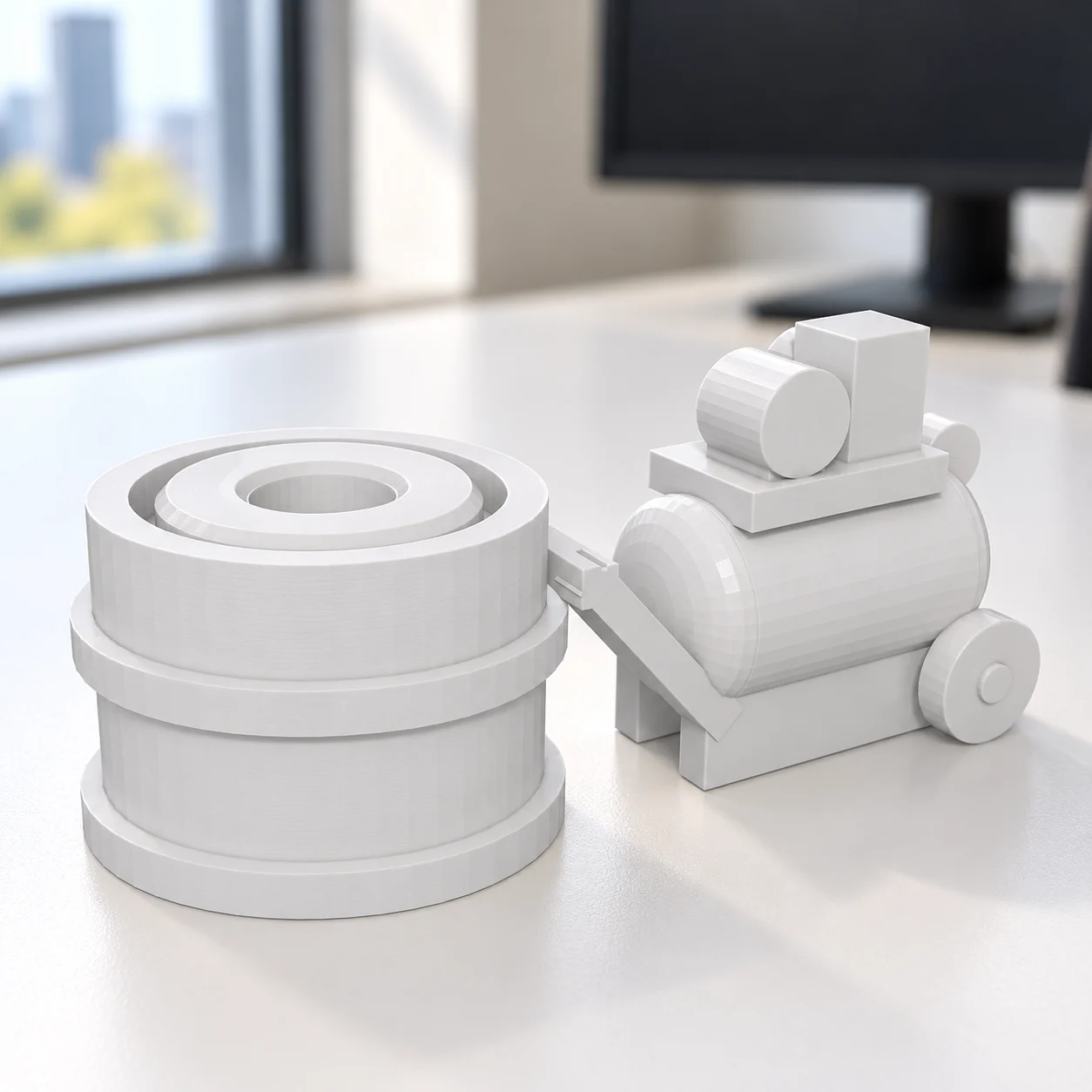 Tina de achar furo e compressor velho em PLA branco, sobre a mesa