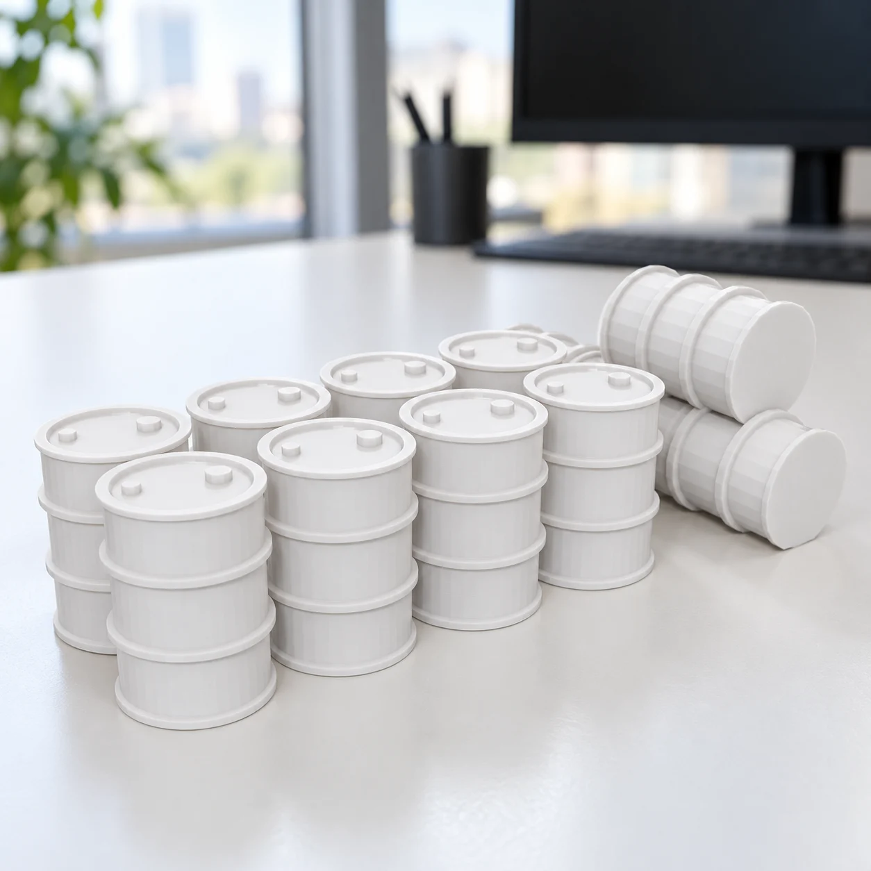 Tambores de óleo 200 L (pack 12) em PLA branco, sobre a mesa
