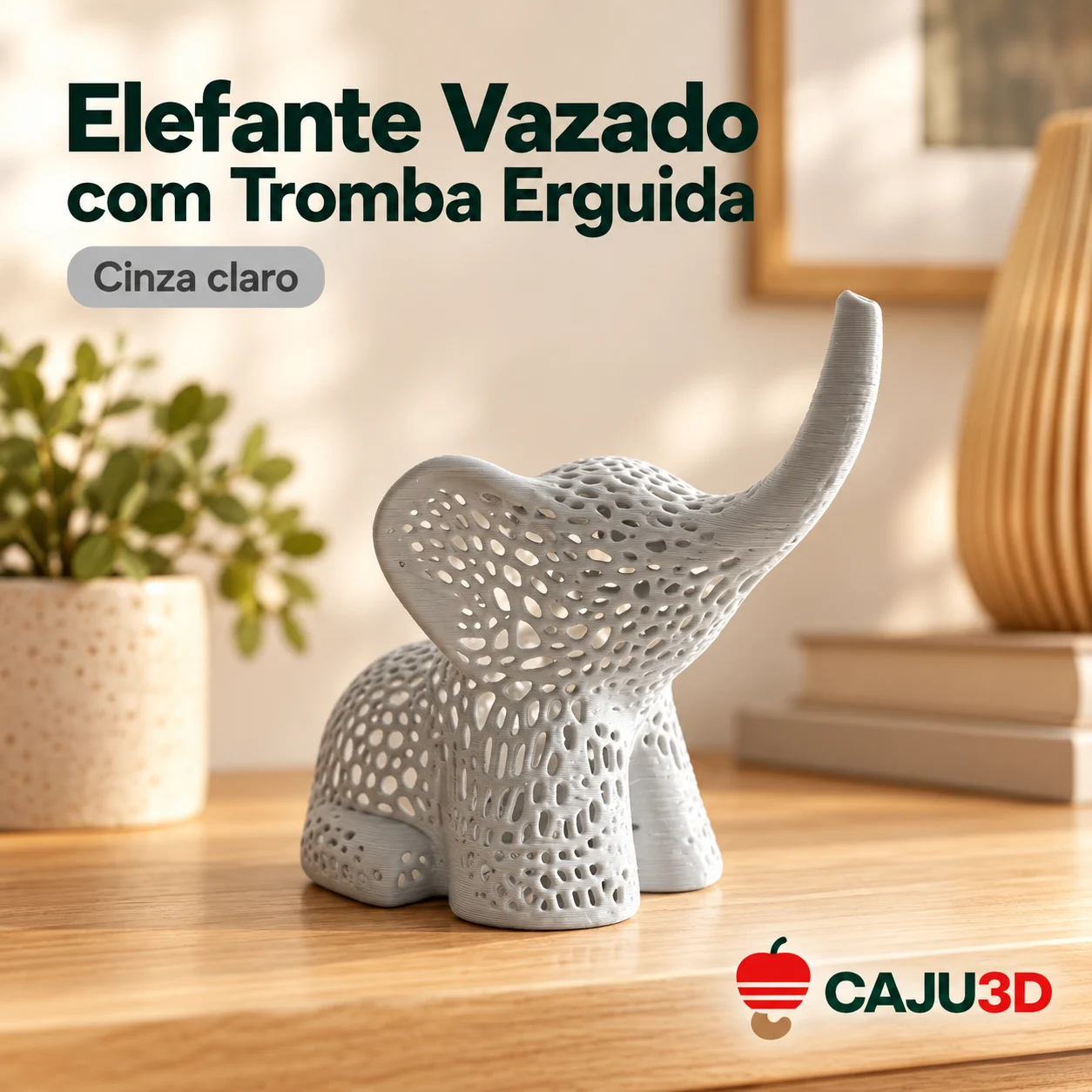 Elefante Vazado com Tromba Erguida: foto na cor Cinza claro (foto ilustrativa criada com IA)