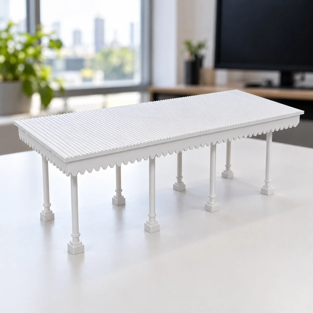 Cobertura de plataforma com colunas de ferro em PLA branco, sobre a mesa