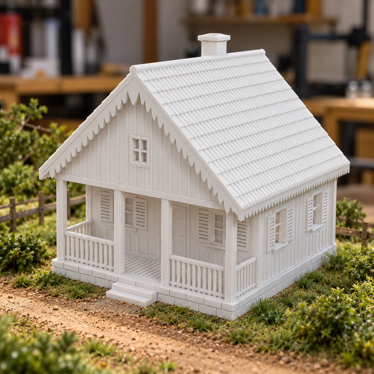 Casa de madeira com lambrequins em PLA branco, num diorama