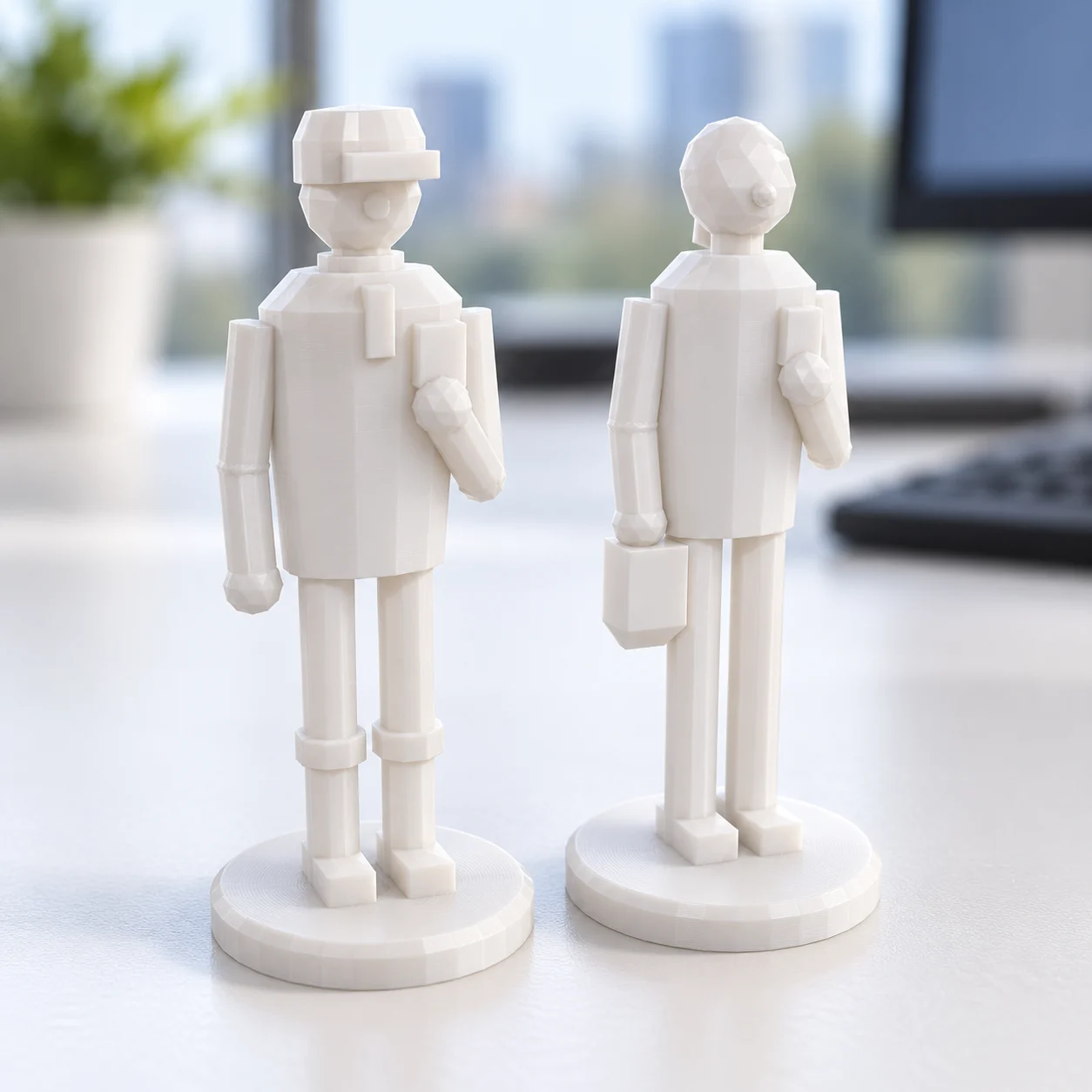 Frentista moderno e cliente (figuras) em PLA branco, sobre a mesa