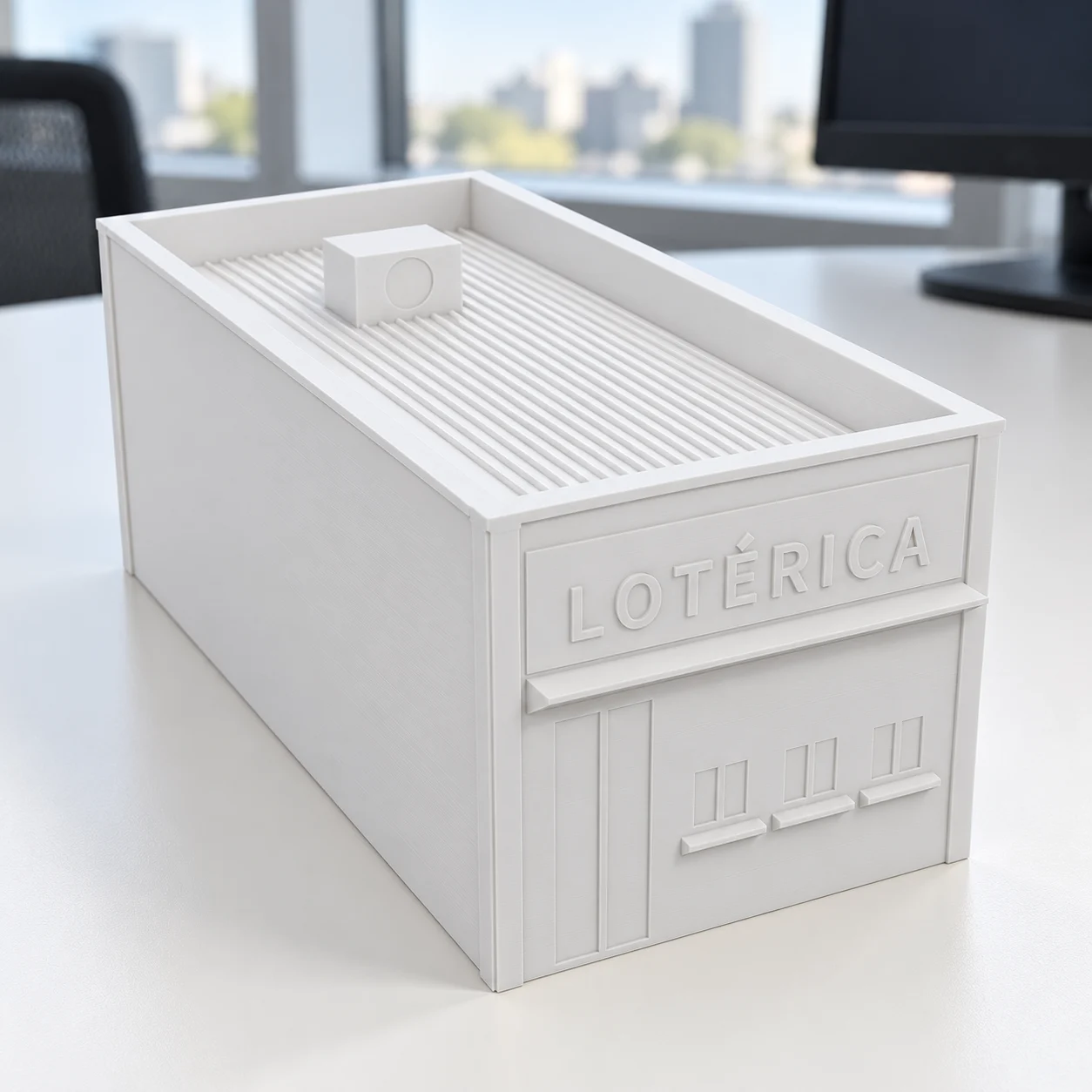 Lotérica em PLA branco, sobre a mesa