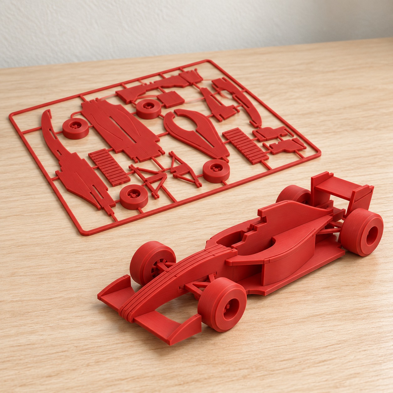Kit de montar carro de corrida tipo fórmula em cartela na cor Vermelho, foto principal (foto ilustrativa criada com IA)