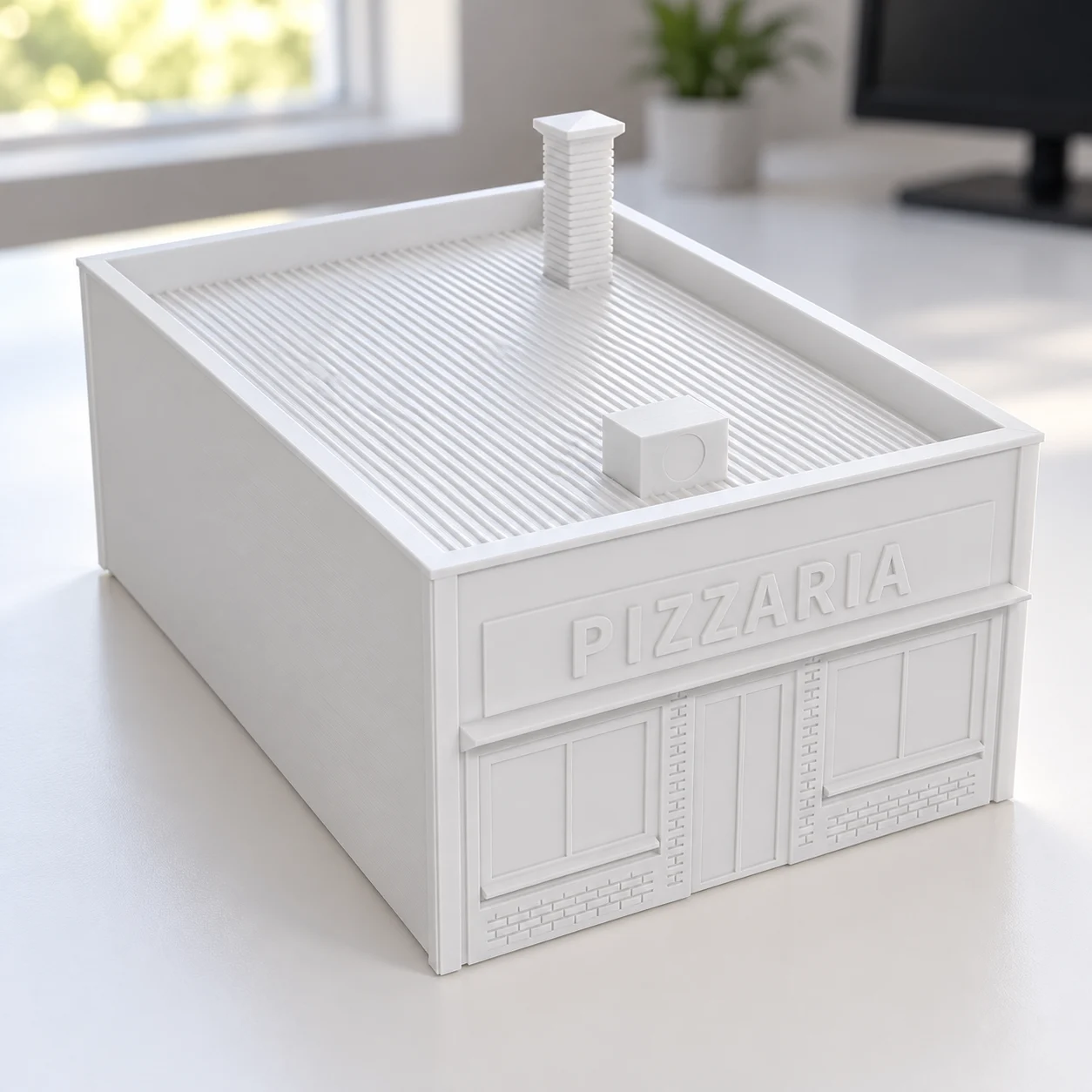 Pizzaria com forno a lenha em PLA branco, sobre a mesa