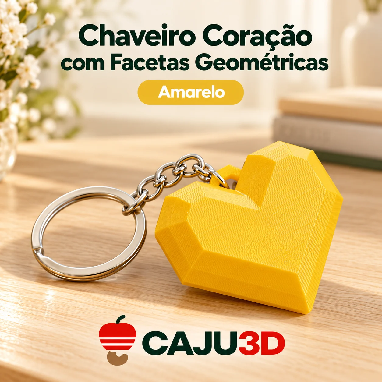 Chaveiro Coração com Facetas Geométricas: foto na cor Amarelo (foto ilustrativa criada com IA)