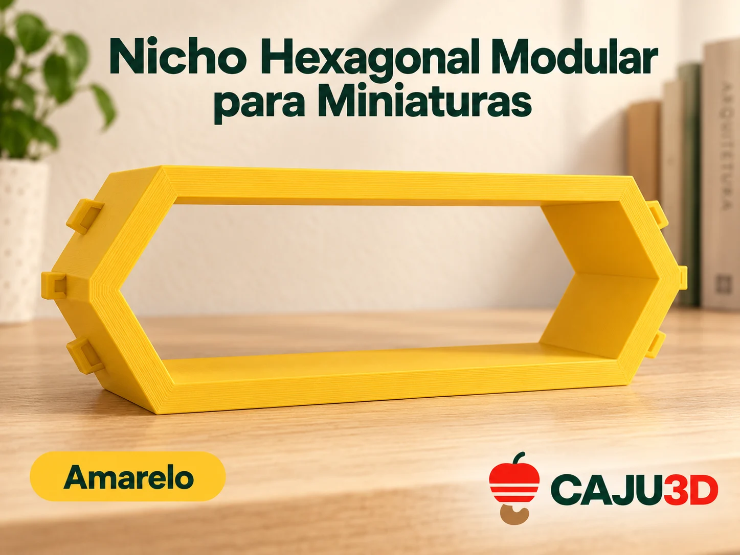 Nicho Hexagonal Modular para Miniaturas: foto na cor Amarelo (foto ilustrativa criada com IA)