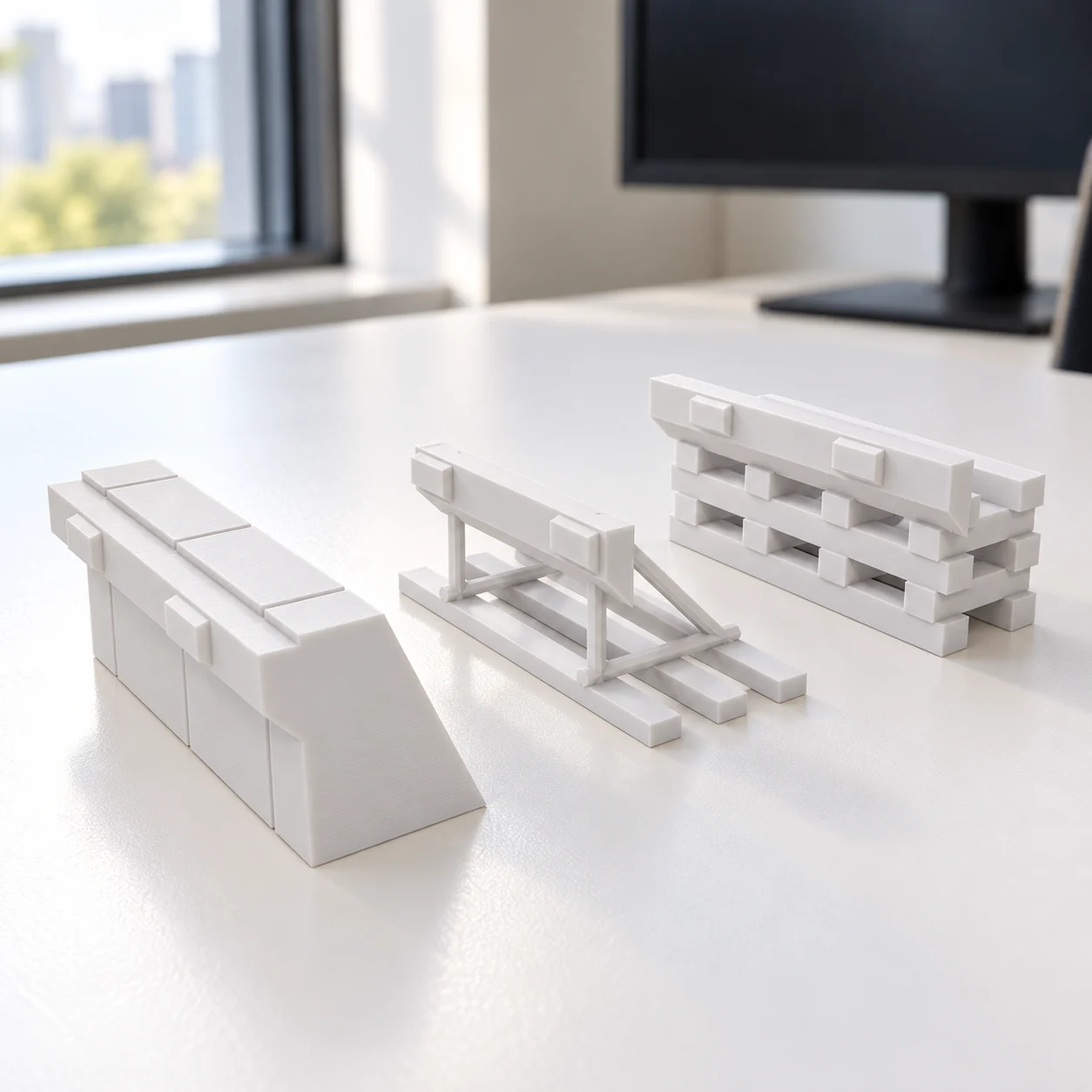 Para-choques de fim de linha (pack 3) em PLA branco, sobre a mesa