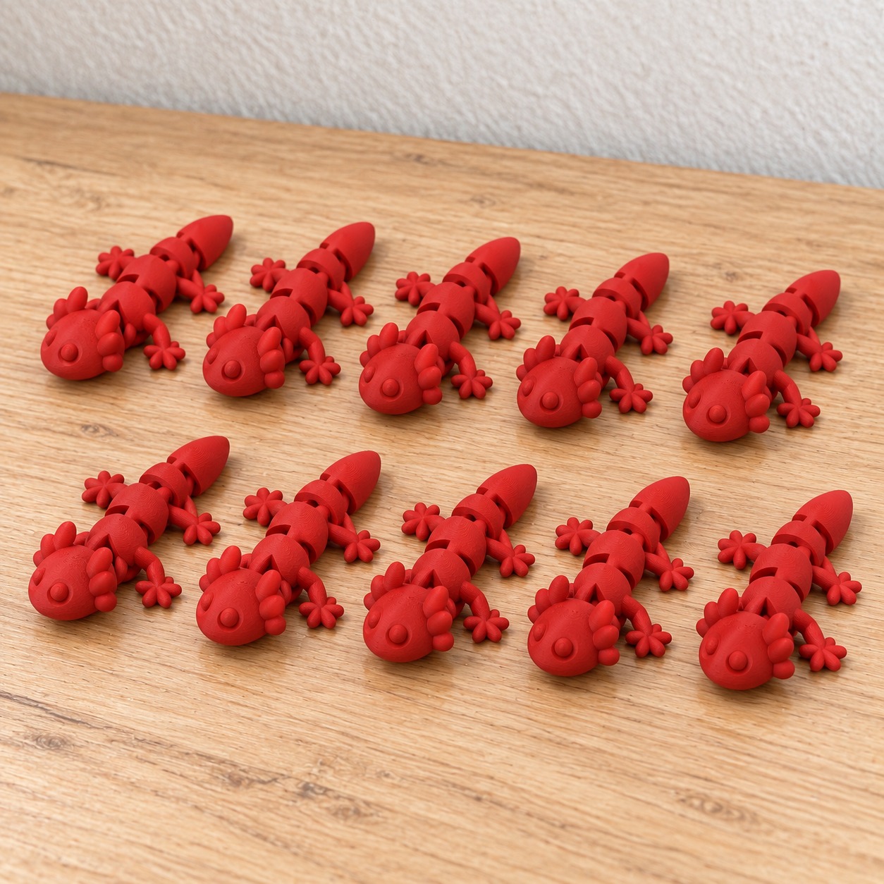 Kit com 10 axolotes articulados pequenos na cor Vermelho, foto principal (foto ilustrativa criada com IA)