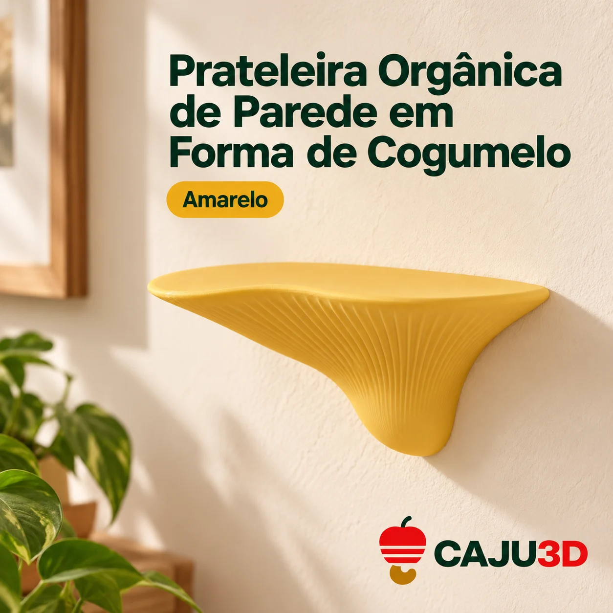 Prateleira Orgânica de Parede em Forma de Cogumelo: foto na cor Amarelo (foto ilustrativa criada com IA)