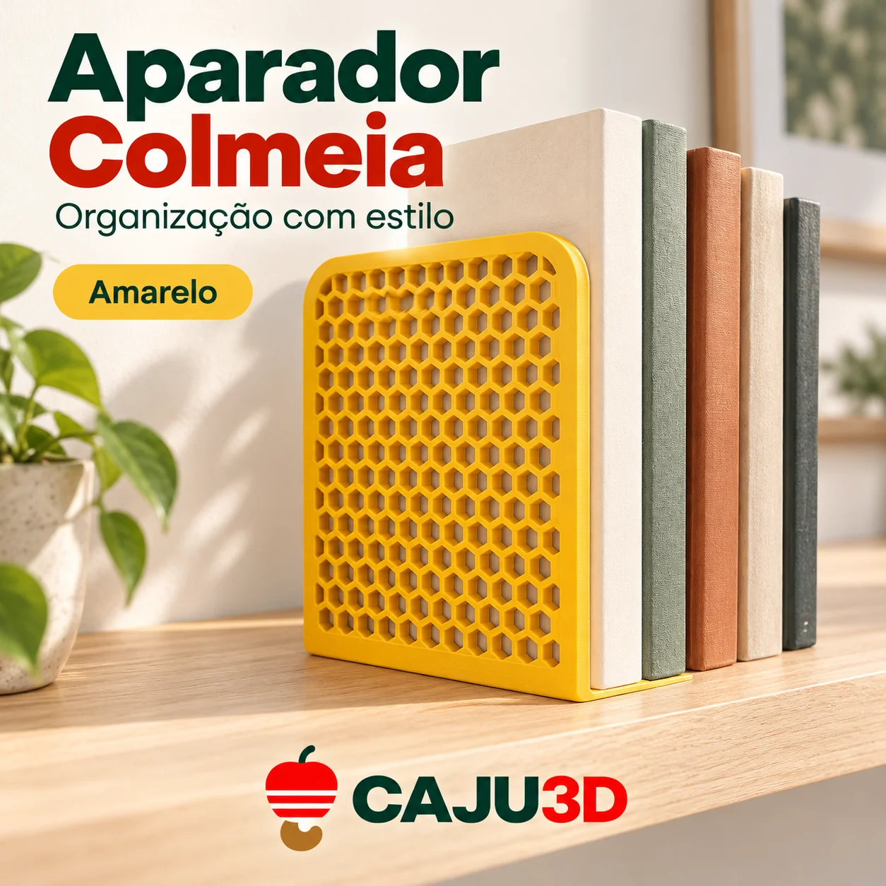 Aparador de Livros com Desenho de Colmeia: foto na cor Amarelo (foto ilustrativa criada com IA)