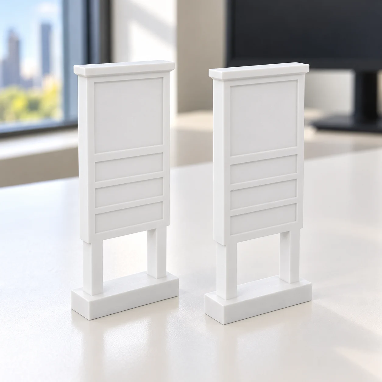 Totem de preços (faces em branco) em PLA branco, sobre a mesa