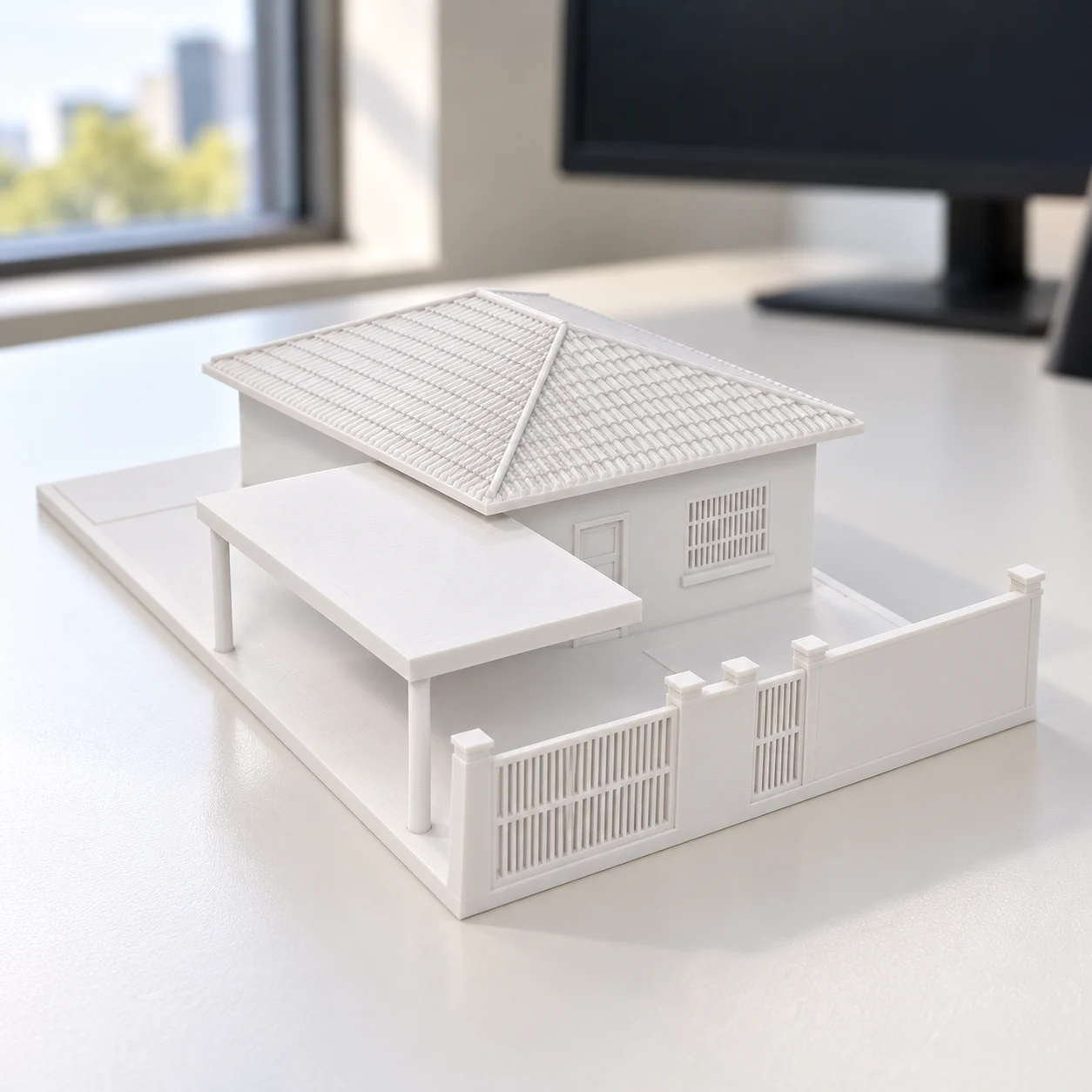 Casa popular com garagem e muro em PLA branco, sobre a mesa