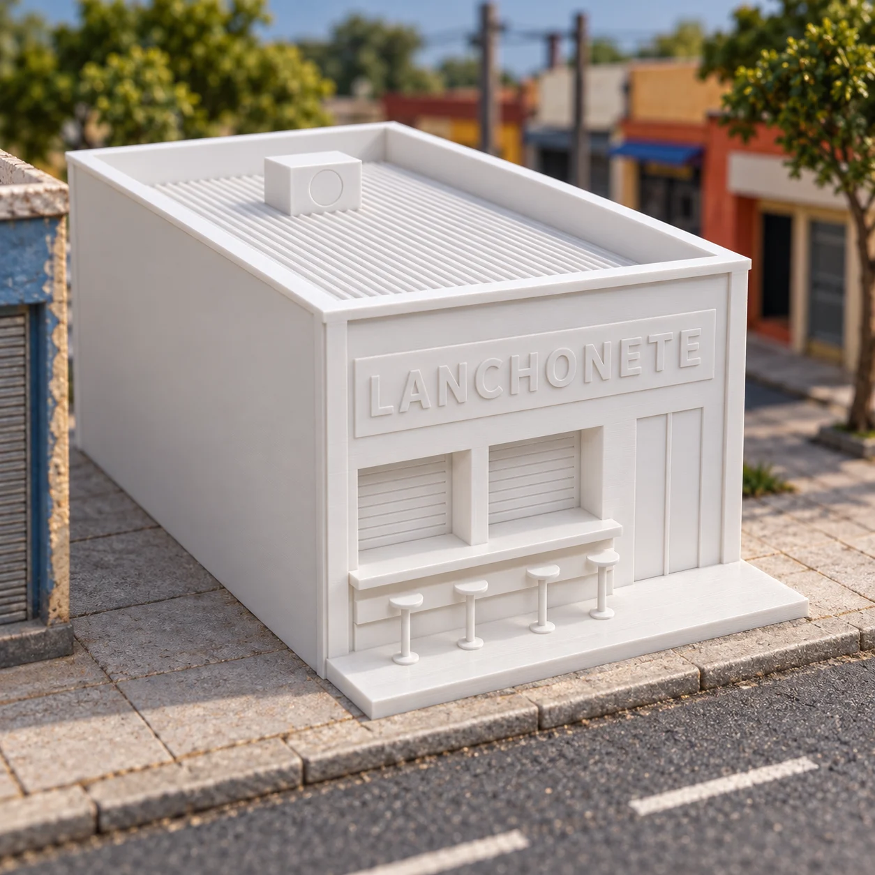 Lanchonete de balcão em PLA branco, num diorama